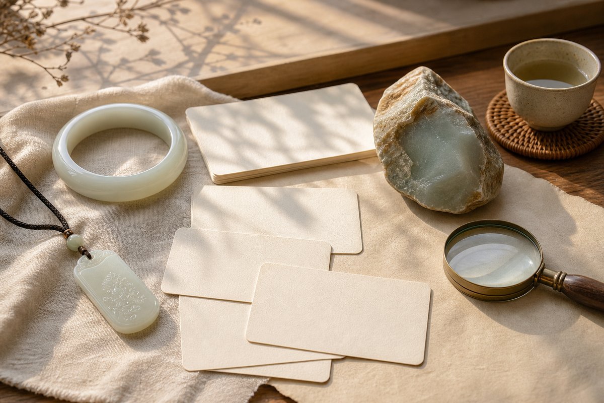 Hetian jade bracelet, pendant, raw stone, magnifying glass, and blank question cards on warm paper