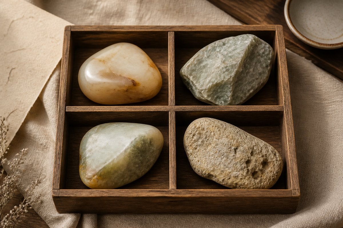 Four raw Hetian jade stones suggesting seed, mountain, mountain-water, and Gobi material forms