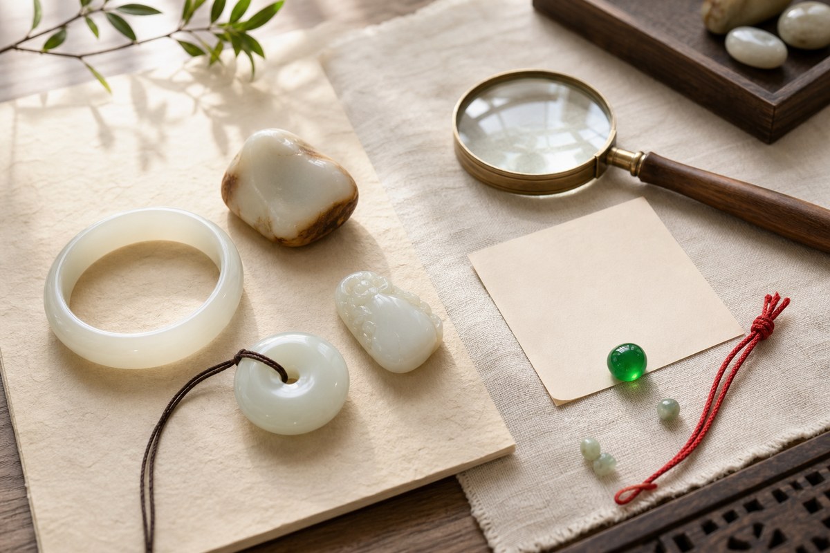 Natural muted jade samples beside a suspicious bright green bead, magnifying glass, and red cord marker