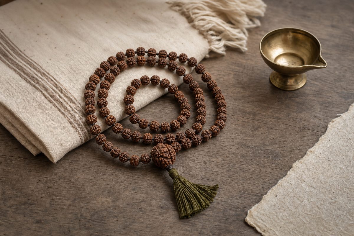 A rudraksha japa mala with a larger meru bead beside a folded natural cotton meditation cloth
