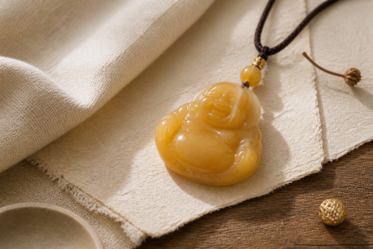 Honey yellow jade Buddha pendant with warm wood, linen, and soft gold details