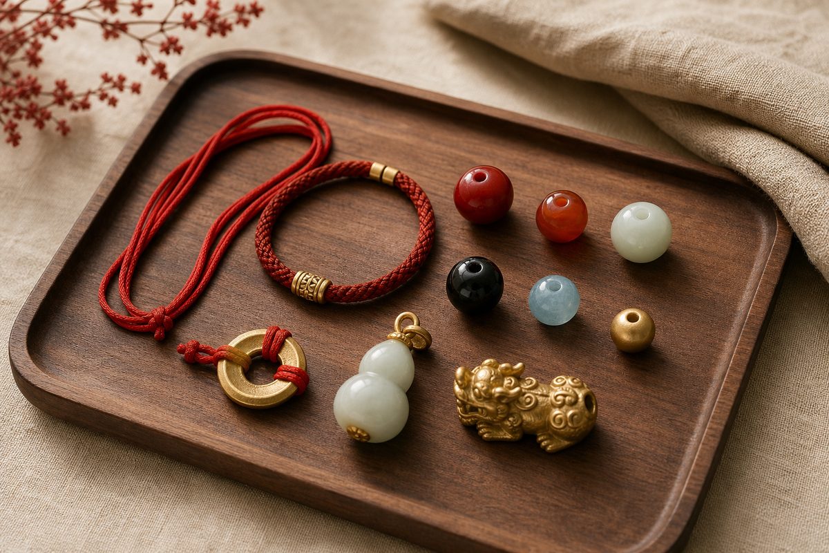 Red cord, jade-like bead, black bead, blue bead, gold bead, gourd charm, and Pixiu charm for Horse Benmingnian bracelets