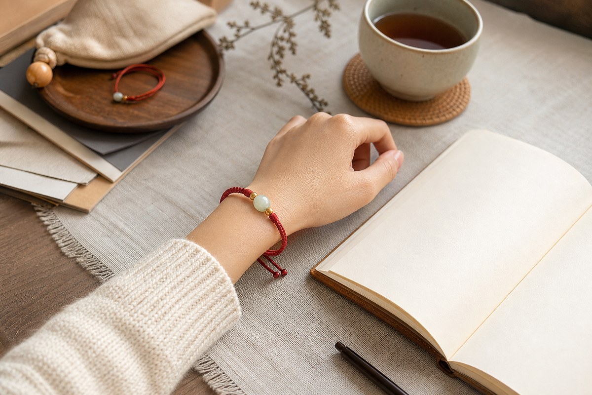 Hand wearing a red cord and pale jade bead bracelet beside a blank notebook and tea for Horse Benmingnian daily rhythm
