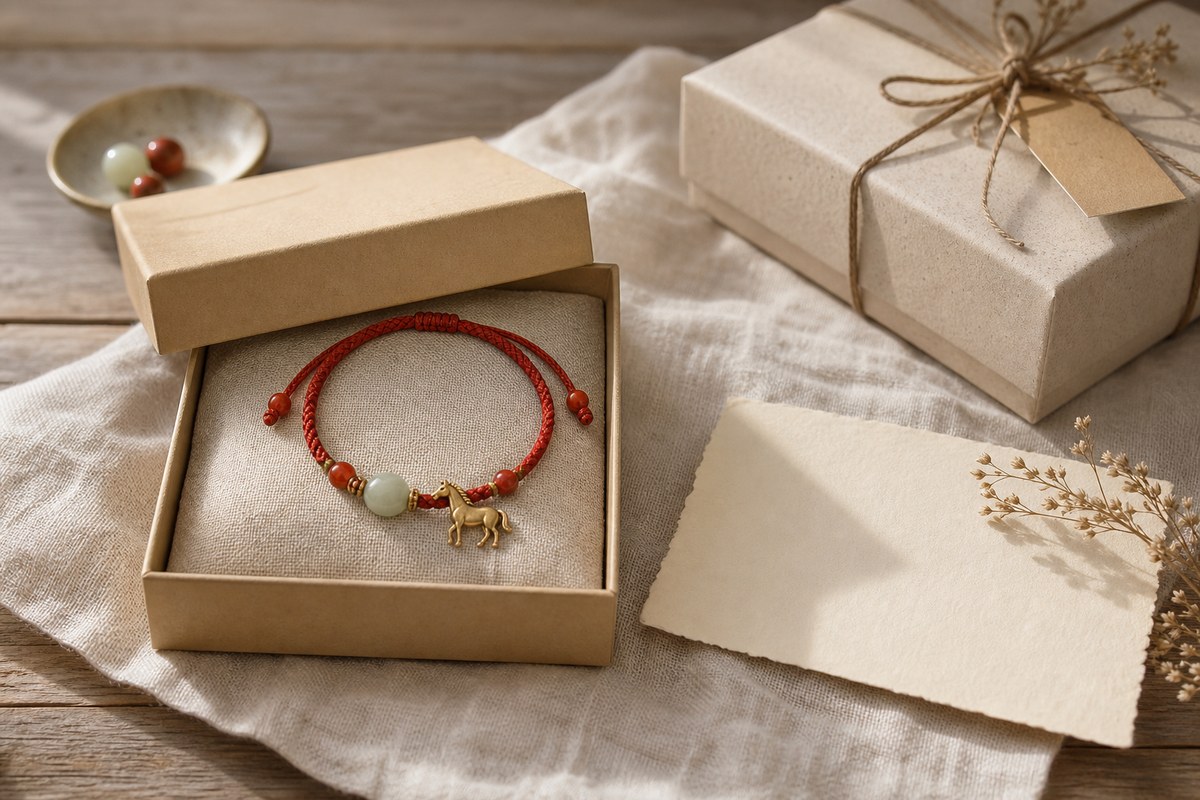 Gift box with red cord bracelet, horse charm, and blank card for Horse Benmingnian gift ideas