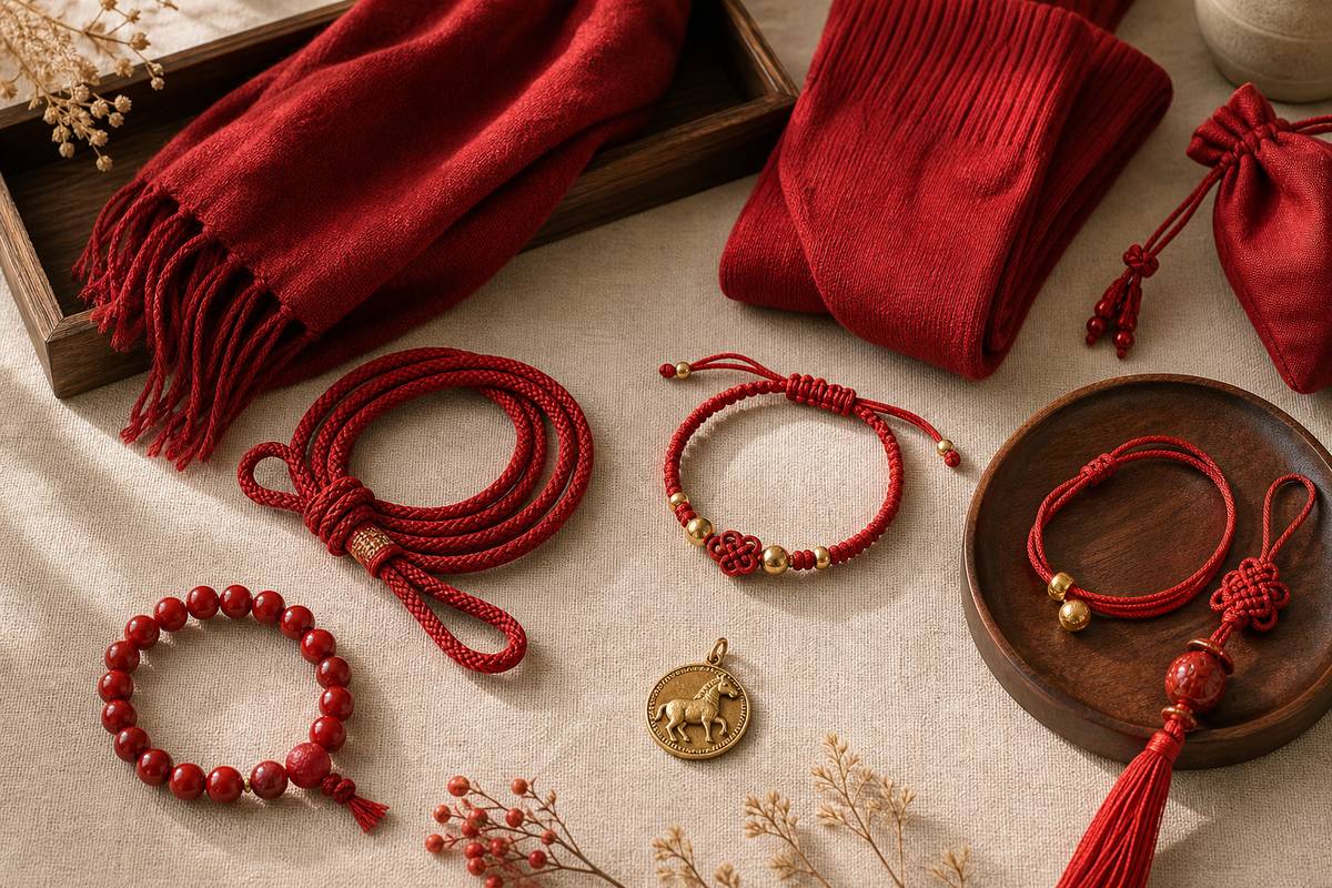 Red cord bracelet, red socks, red pouch, and horse charm arranged for Horse Benmingnian traditions