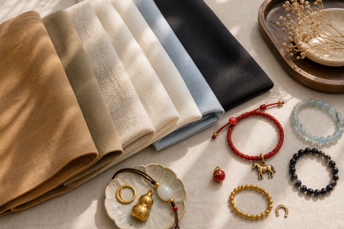 Earth tone, ivory, pale blue, black, gold, and red cord accessories for Horse Benmingnian wearing colors