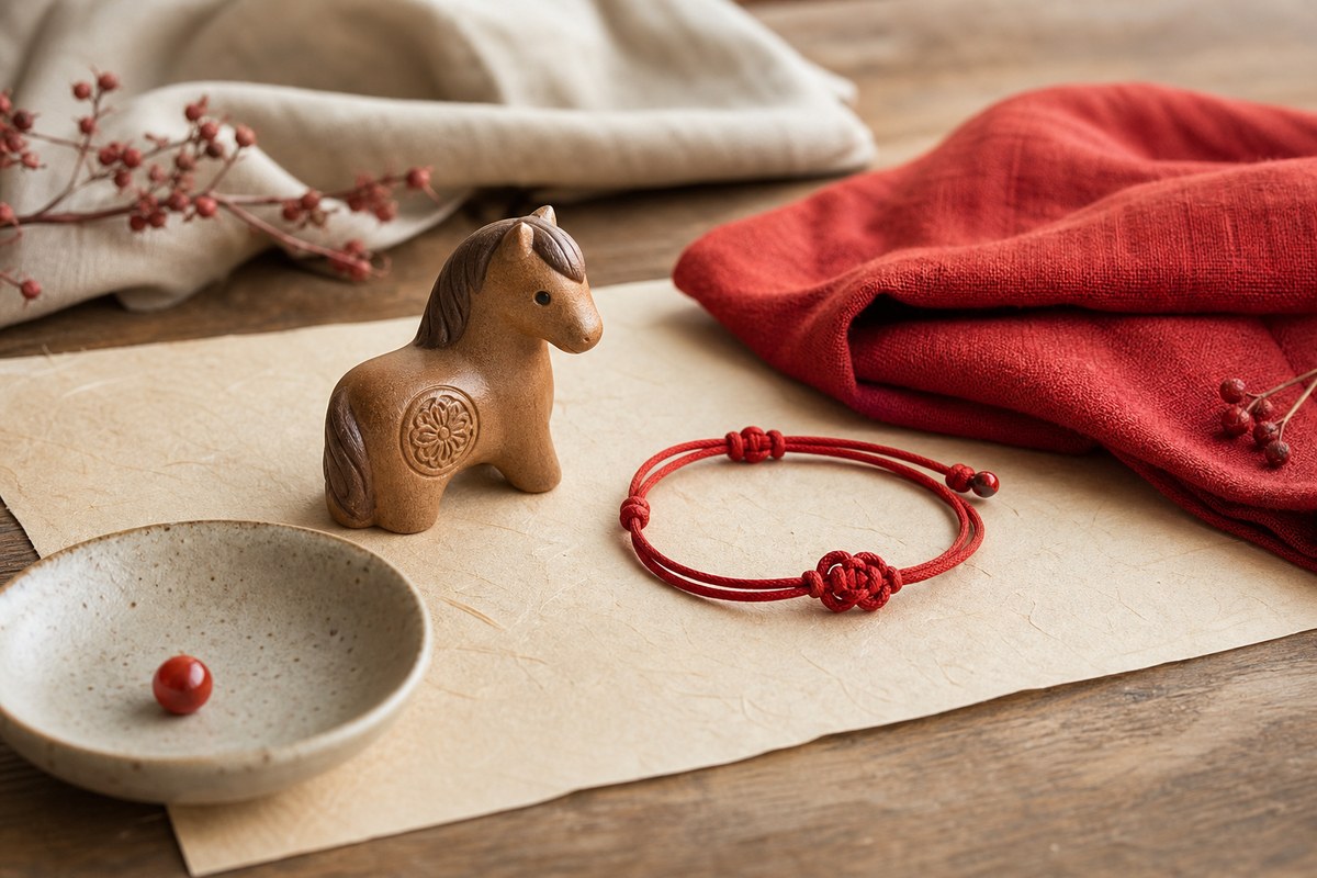 Small horse zodiac figurine with red string bracelet and folded red cloth on warm parchment