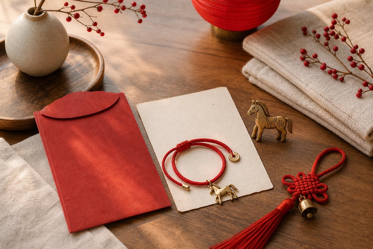Red packet, red cord bracelet, tassel, and horse charms in a quiet Horse-year festival still life