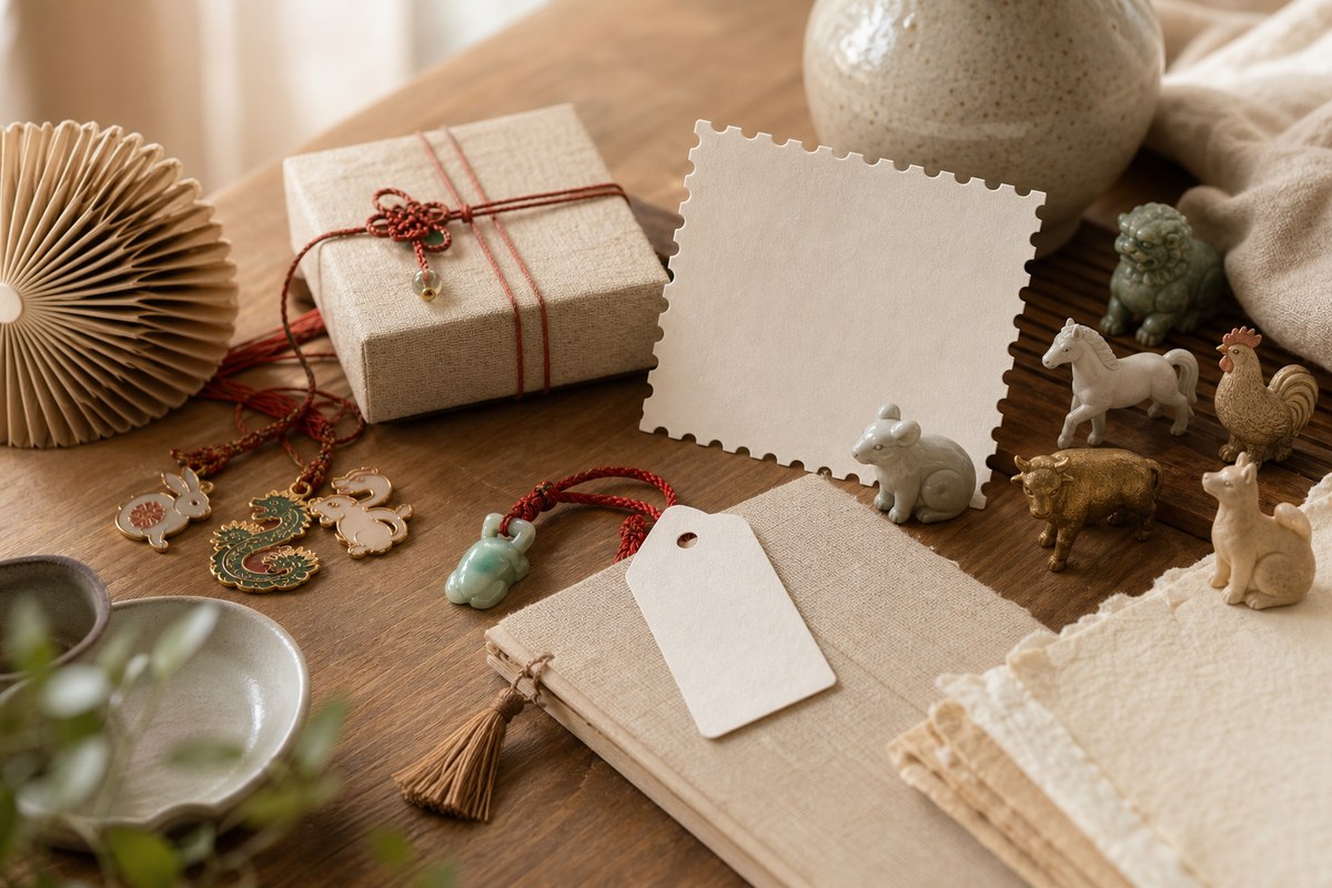 Modern zodiac-inspired charms, blank cards, red cord, and small animal objects on a warm desk