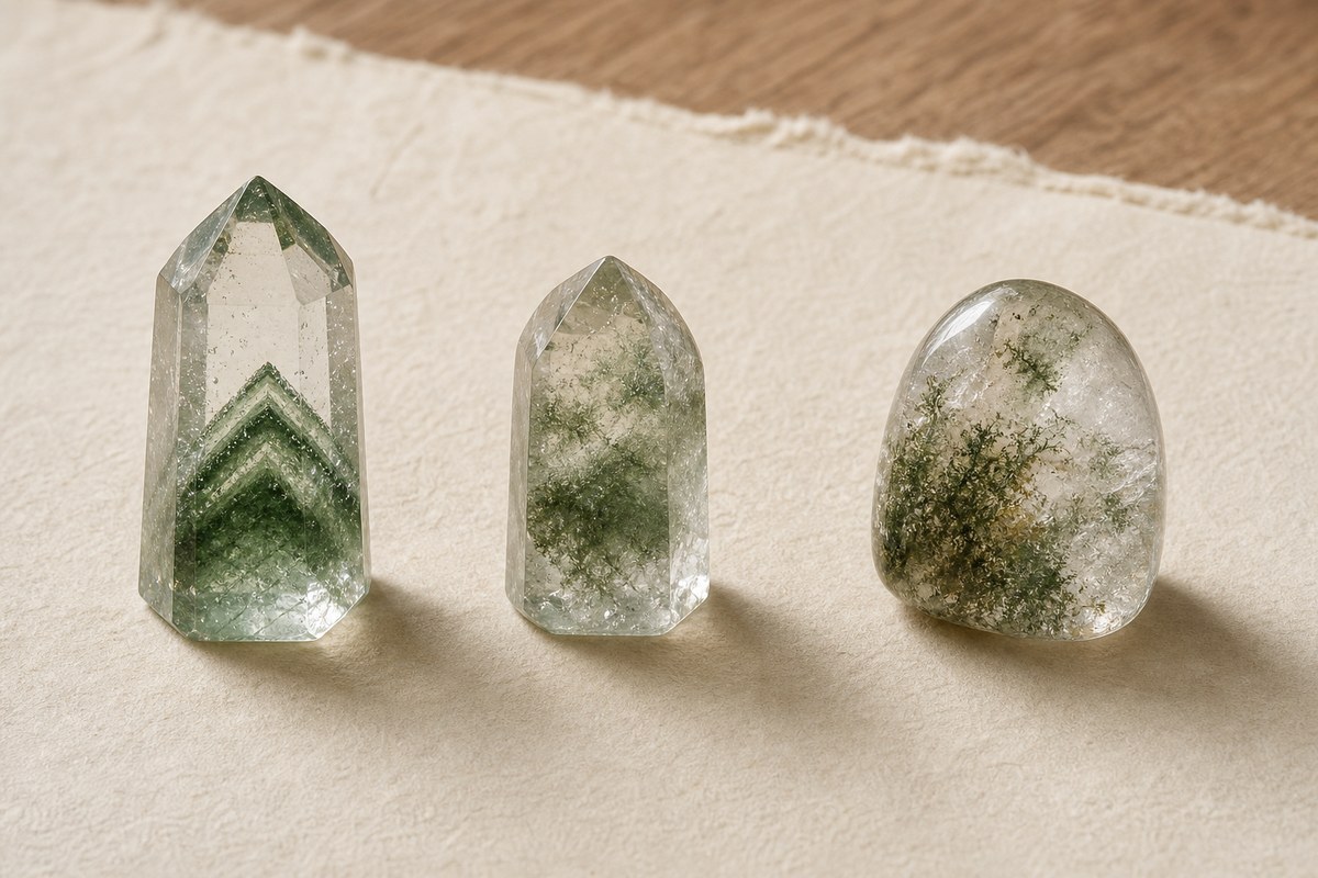 Quartz crystal points with stepped green internal phantom bands arranged on warm handmade paper