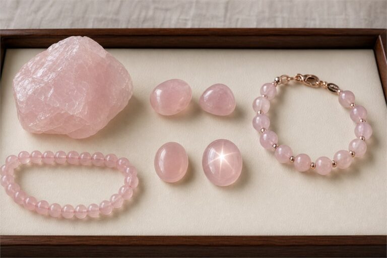 Rose quartz rough, polished cabochons, beads, and finished bracelet arranged for value comparison