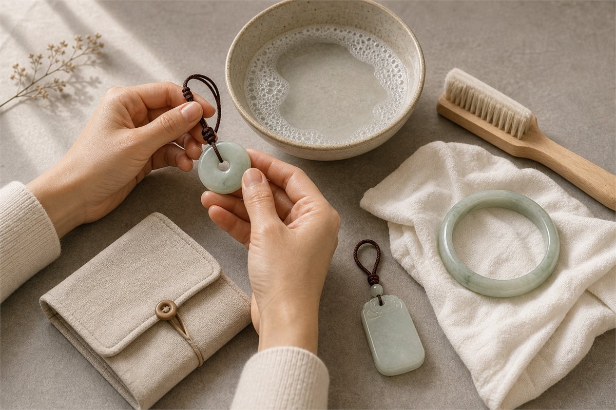 Jade jewelry beside a soft cloth, mild soapy water, separate pouch, and inspected cord