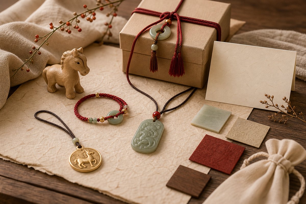 Zodiac pendant, jade charm, red cord bracelet, animal figurine, and gift box on warm paper