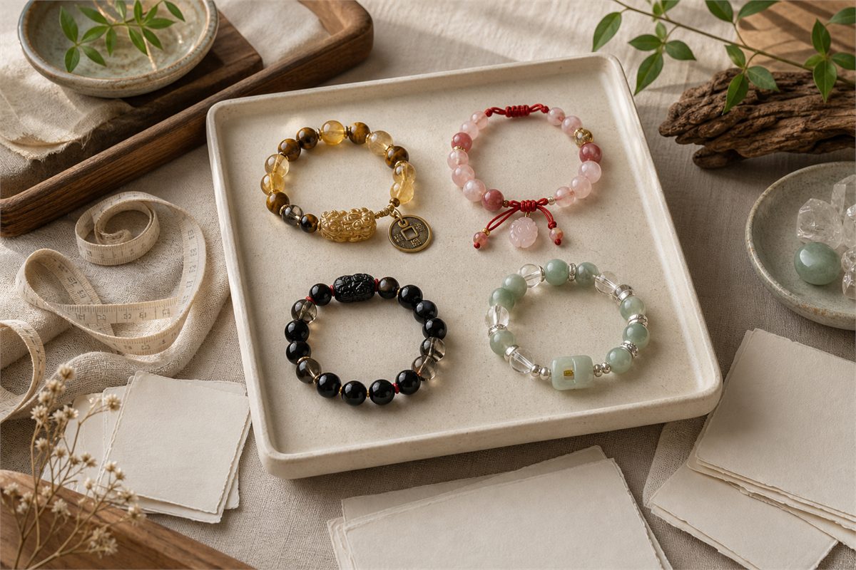 Hands comparing good luck bracelets by purpose, zodiac stones, five elements colors, and comfort