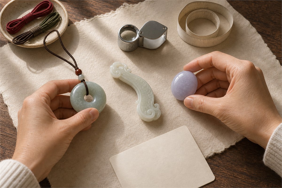 Hands comparing jade color, carving, translucency, cord quality, and dimensions under natural light