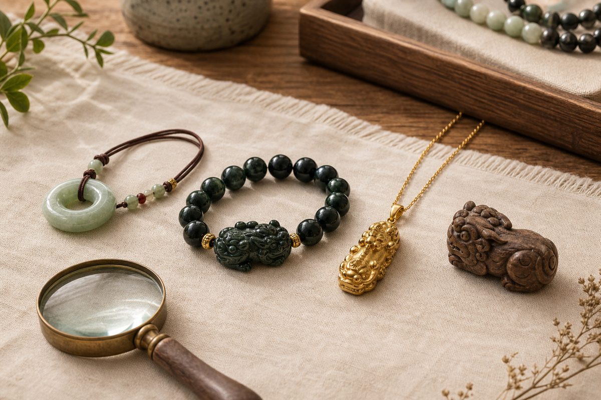 Pixiu bracelet, pendant, metal charm, and wood carving options arranged with a small magnifying glass on cream cloth