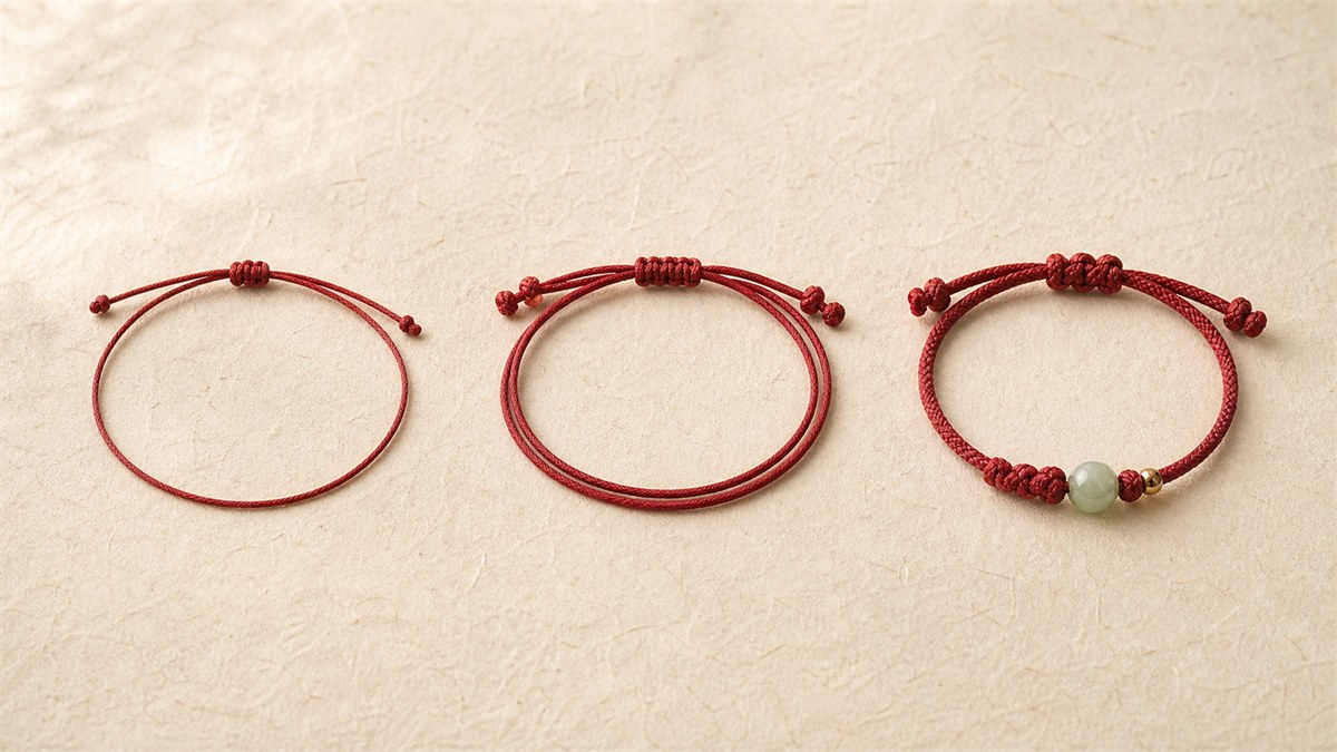 Three red string bracelet designs with different cord thicknesses, closures, and bead details