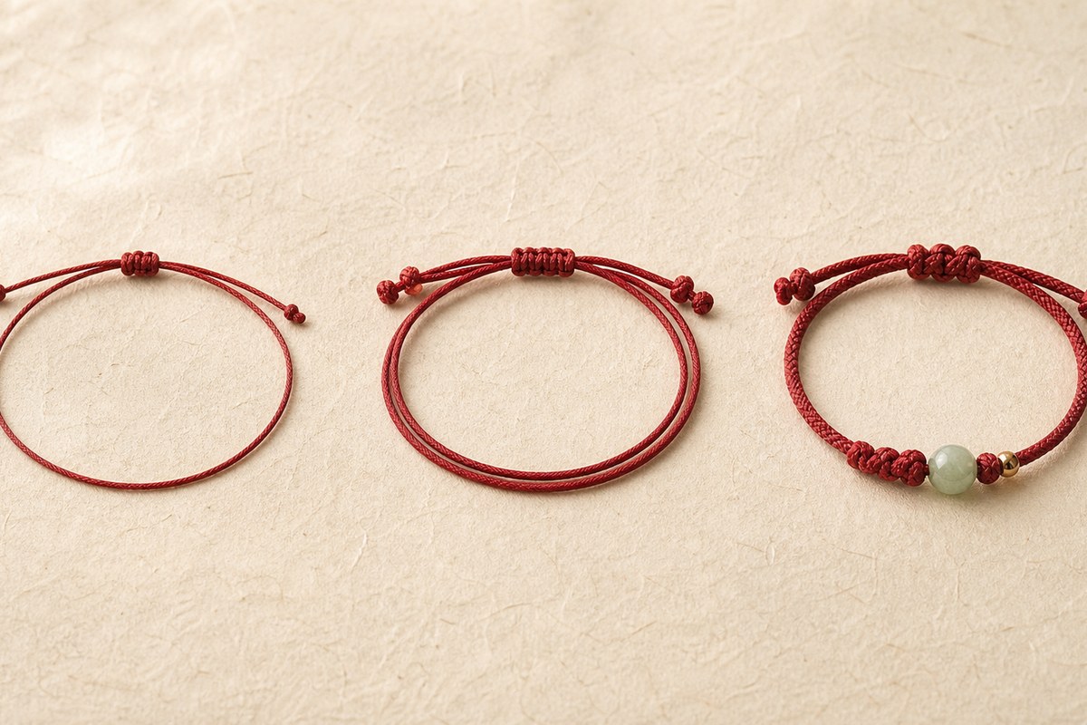 Three red string bracelet designs with different cord thicknesses, closures, and bead details