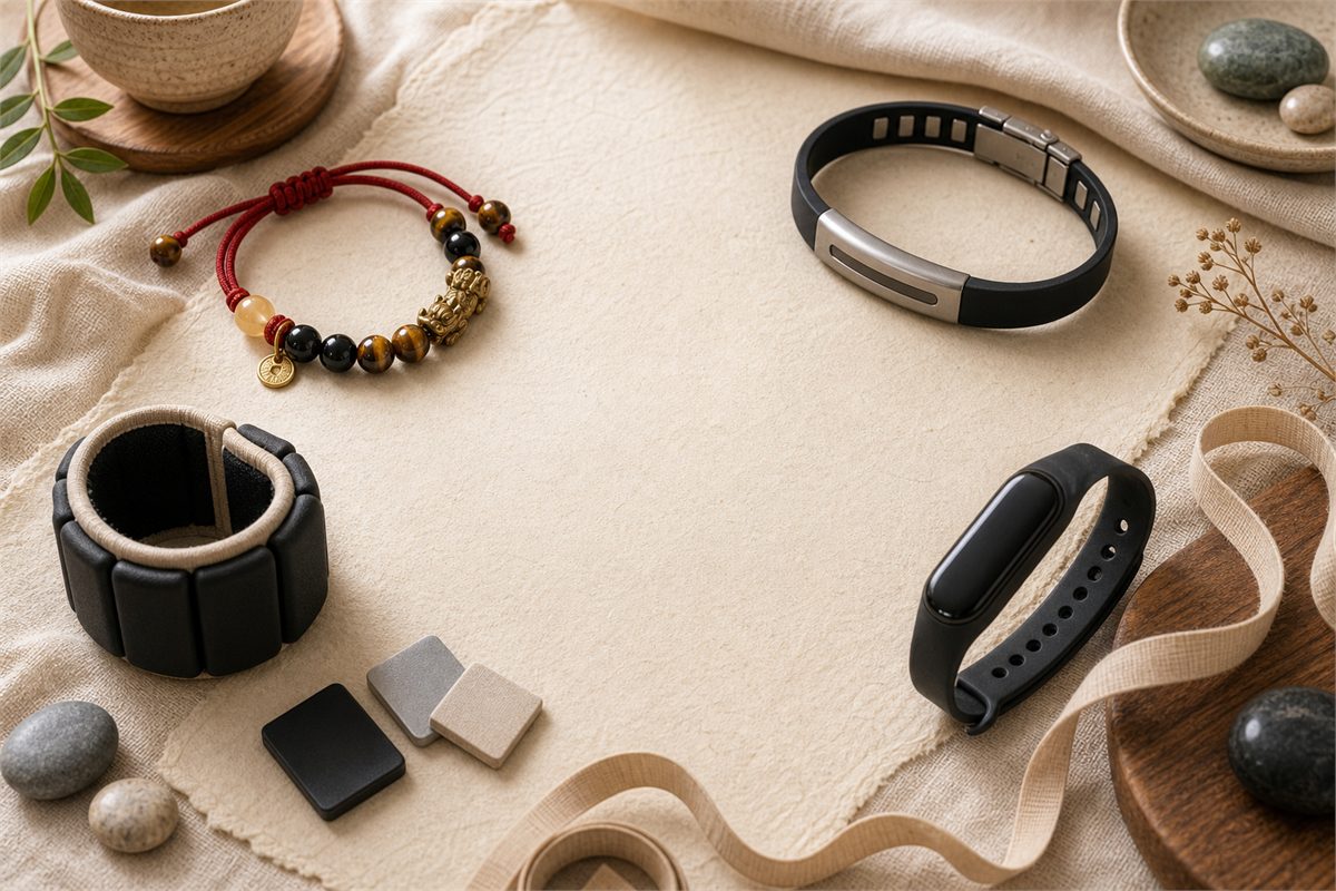 Four strength bracelet options compared by symbolic jewelry, energy band, weighted cuff, and smart training band