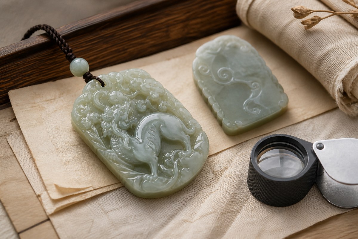 Jade pendant details with a magnifying loupe on warm parchment for reading carving motifs step by step