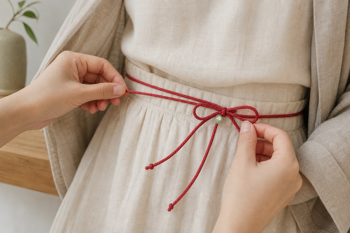 Hands tying a red string waist chain with a small jade bead over cream linen clothing