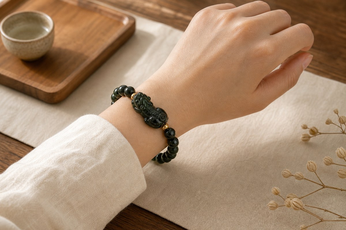 A left wrist wearing a Pixiu bracelet with the Pixiu head oriented outward toward the little finger