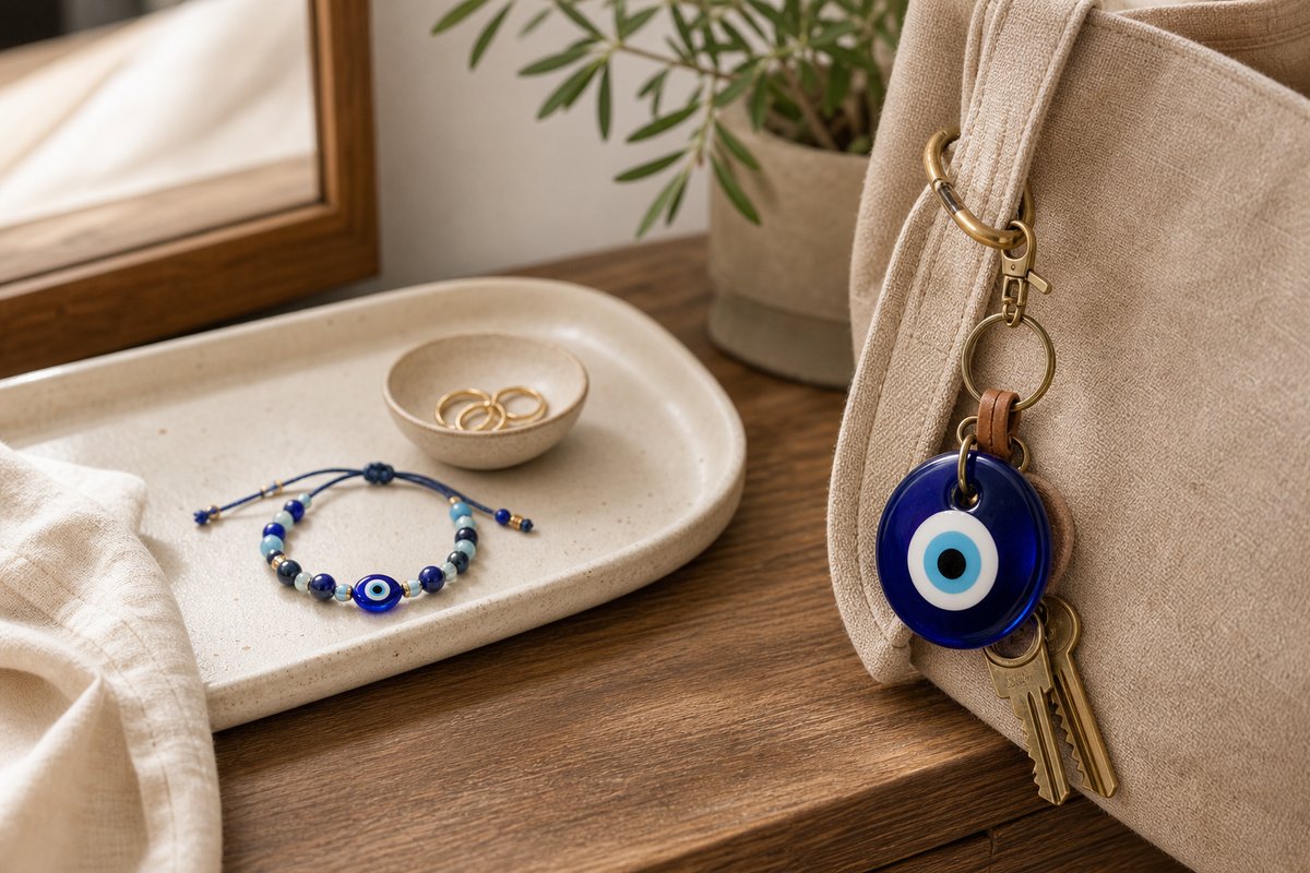Blue Nazar charm on a key ring and bag strap beside an evil eye bracelet on a tray