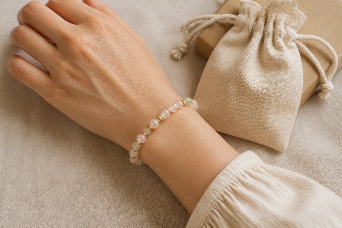 Left wrist wearing a pale gemstone bracelet beside a small neutral cloth pouch