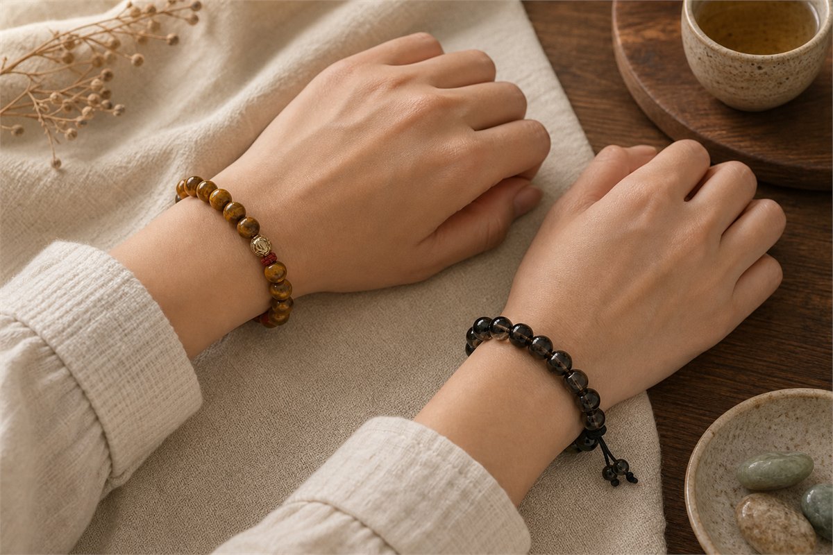 Two wrists wearing receiving and protective strength bracelets with light stones and dark stones