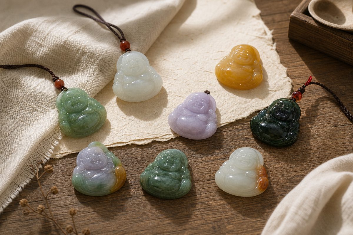 Green, white, honey yellow, lavender, dark, and mixed-color jade Buddha pendants arranged on warm linen and wood