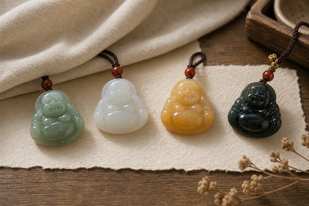 Jade Buddha pendants in different colors placed side by side to compare color meaning