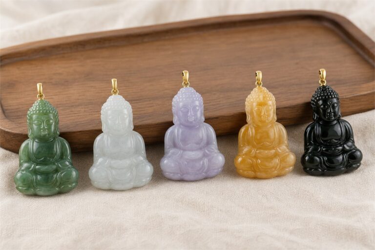 Green, white, lavender, yellow, and dark jade Buddha pendants displayed on linen
