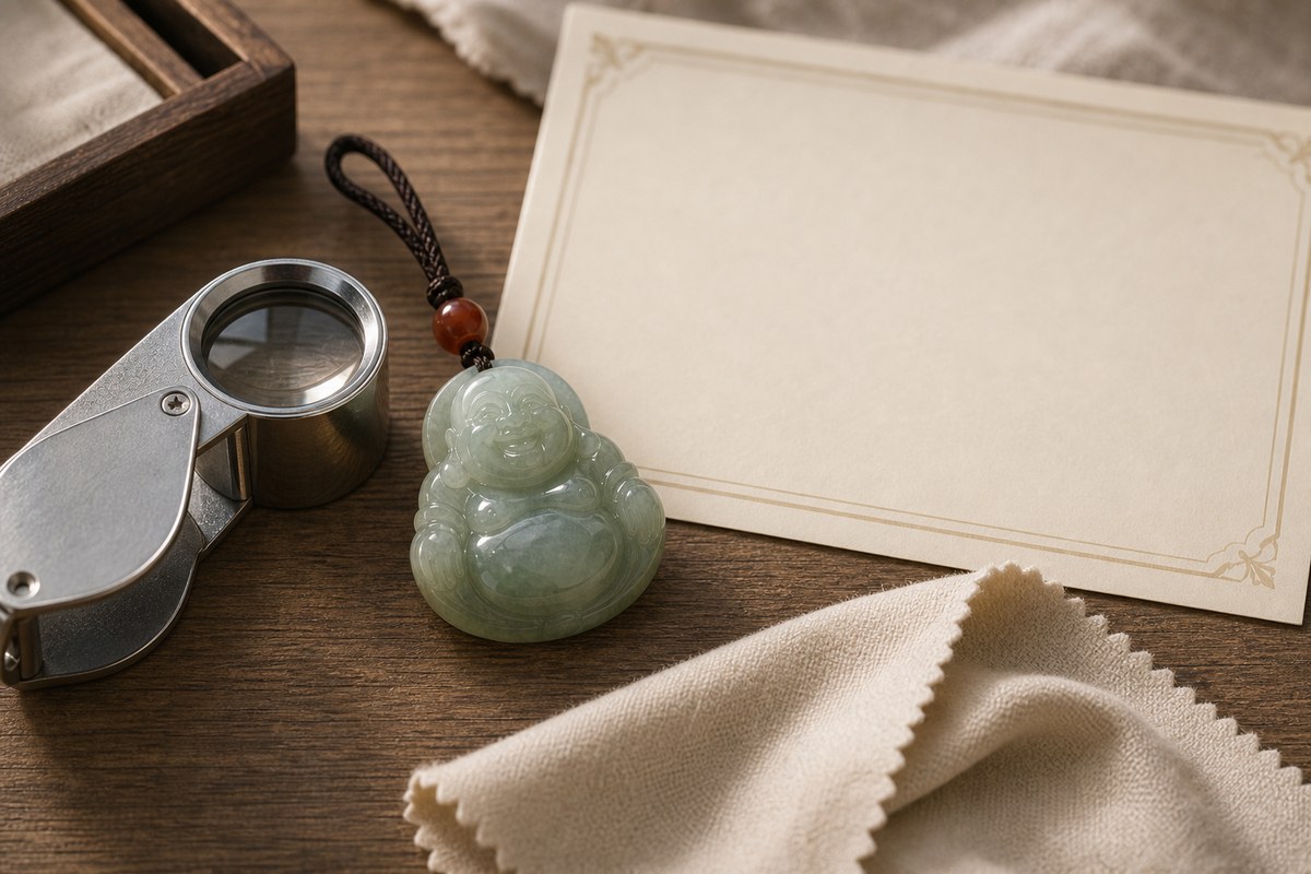 Jade Buddha pendant beside a magnifying glass, soft cloth, and blank certificate-style paper