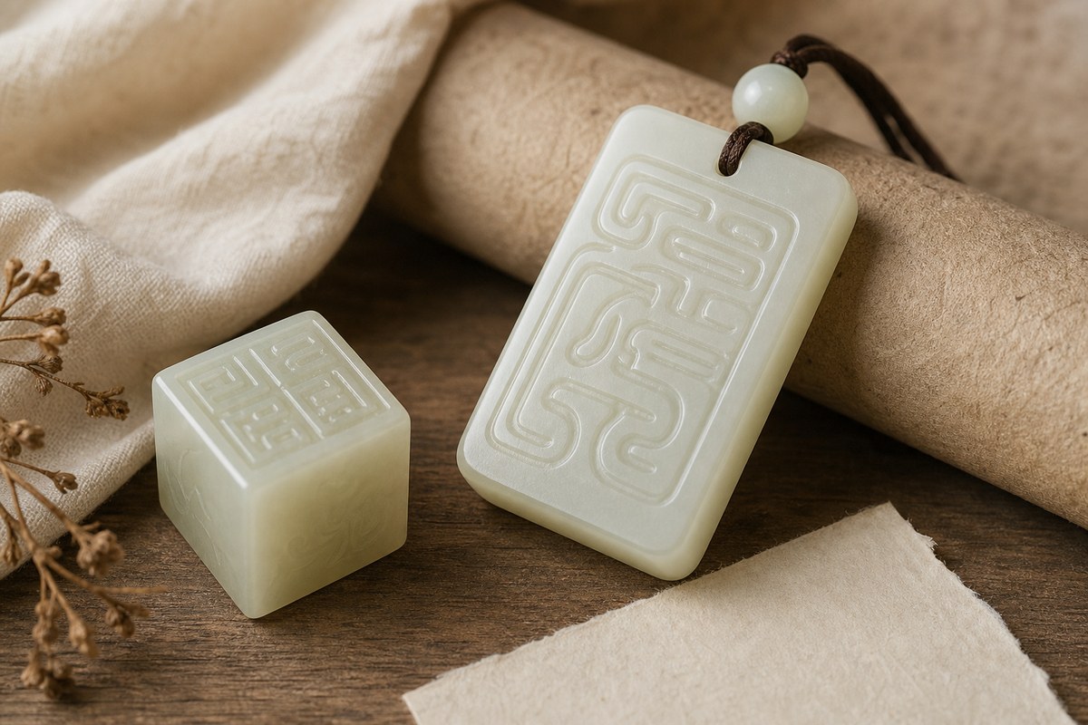 Smooth jade plaque and seal-like jade piece with subtle abstract carved marks on warm parchment