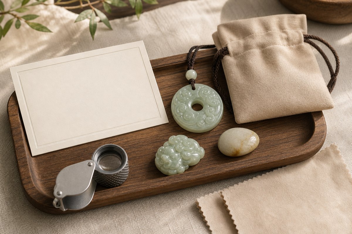 Jade carving, pendant, raw pebble, loupe, soft pouch, and blank card arranged as a buying checklist scene