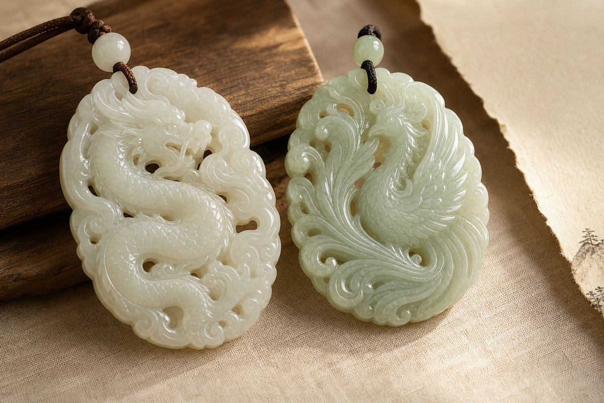 Pale jade dragon and phoenix-inspired carving details arranged side by side on warm linen