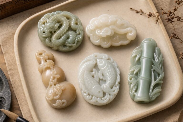 Selection of Chinese jade carvings showing dragon, Ruyi, lotus, gourd, and fish motifs
