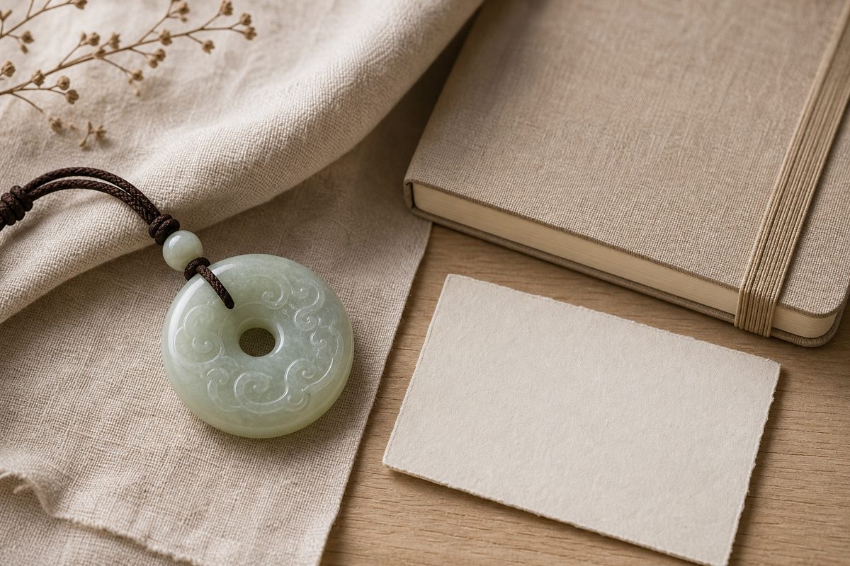 Simple jade pendant beside a blank notebook and policy-style card on warm linen