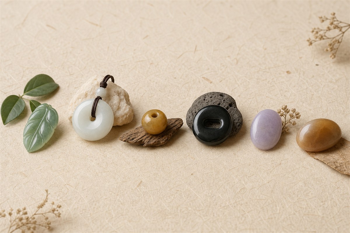 Text-free arrangement of green, white, yellow, black, lavender, and sugar-colored jade pieces
