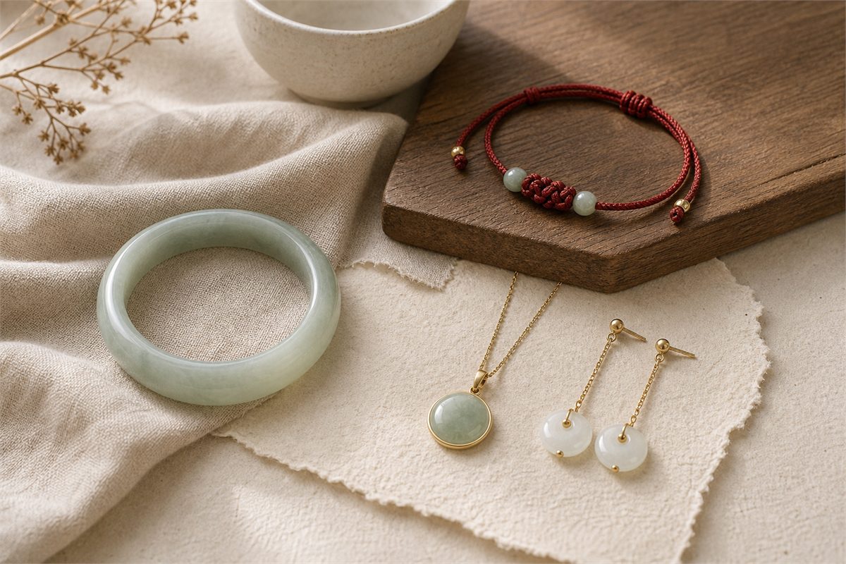 Modern jade bangle, red cord jade bracelet, gold-set jade pendant, and minimalist jade earrings