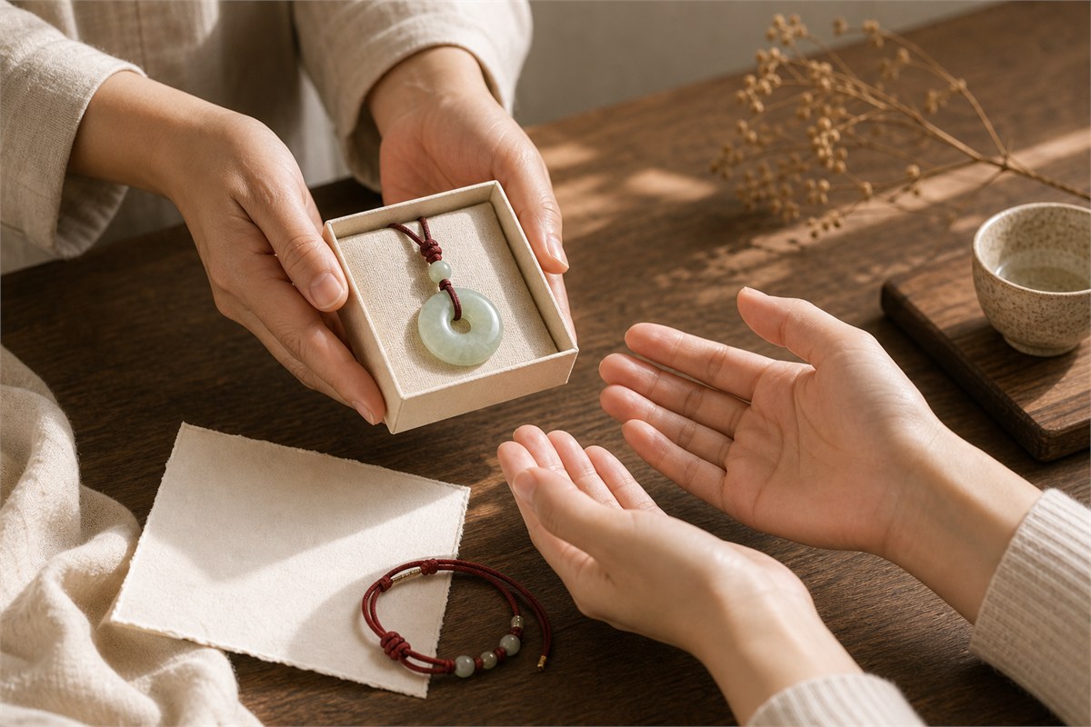 Jade pendant presented in an open paper gift box beside a blank handmade card