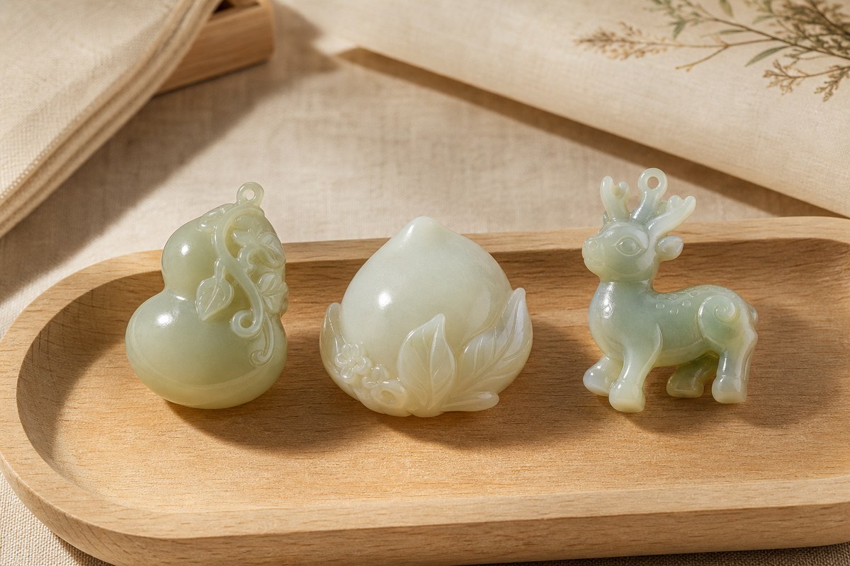 Small jade gourd, peach, and deer-inspired carvings arranged on linen as Chinese longevity blessing motifs