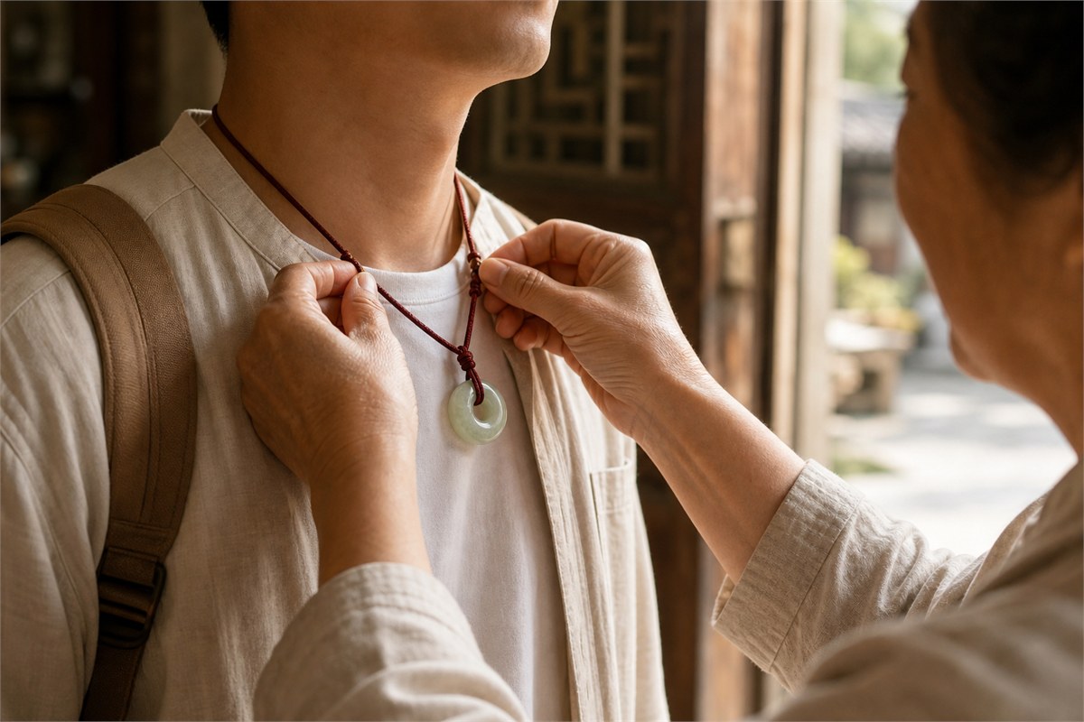 Jade safety pendant tied by a family member before a traveler leaves home
