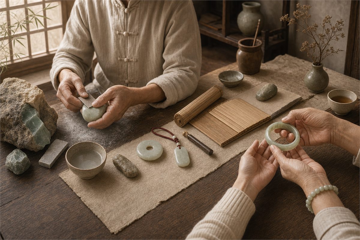 Raw jade, artisan tools, classical study objects, and an inherited bangle connected across generations