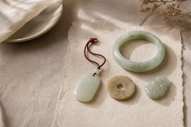 White and green jade bangle, pendant, bi disc, and carved ornament arranged on handmade paper
