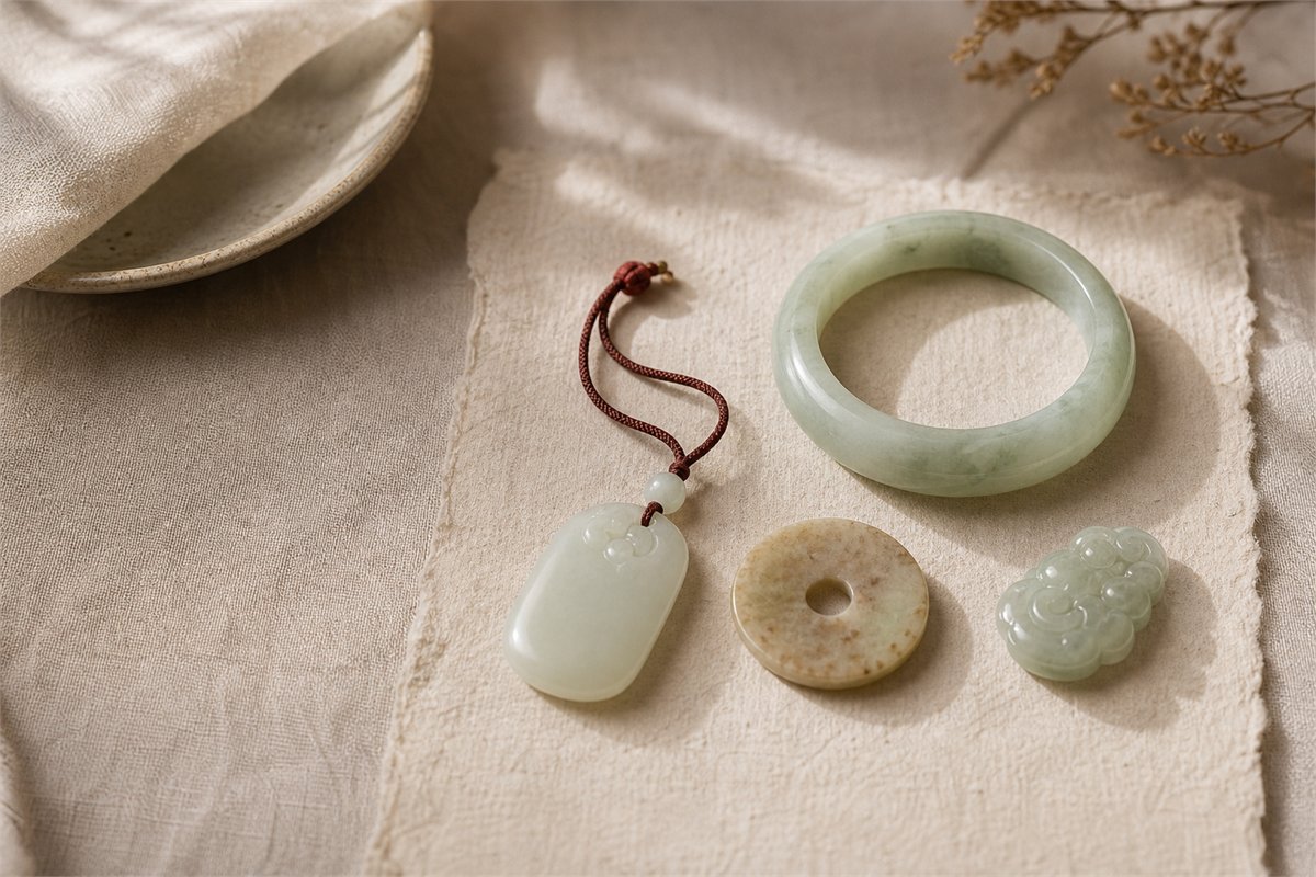 White and green jade bangle, pendant, bi disc, and carved ornament arranged on handmade paper