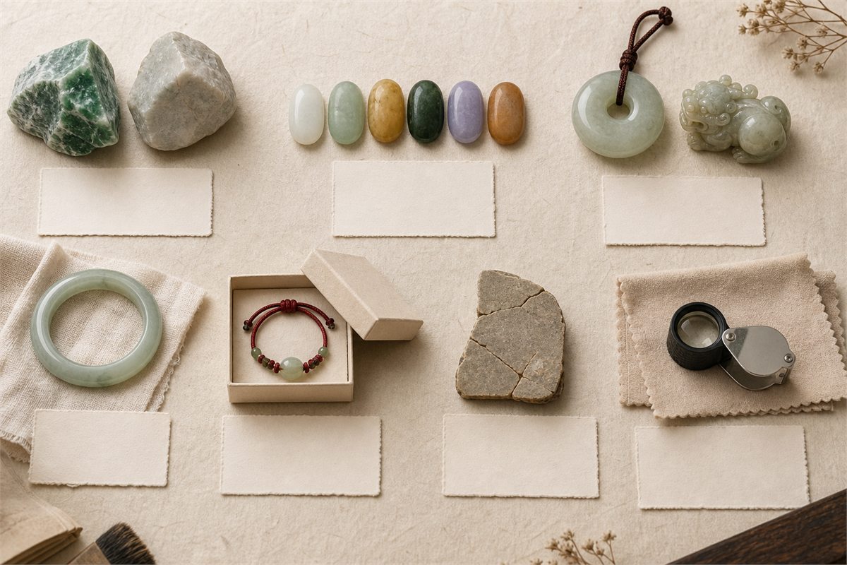 Jade research table with bangle, rough stones, carved motifs, loupe, gift box, and care cloth