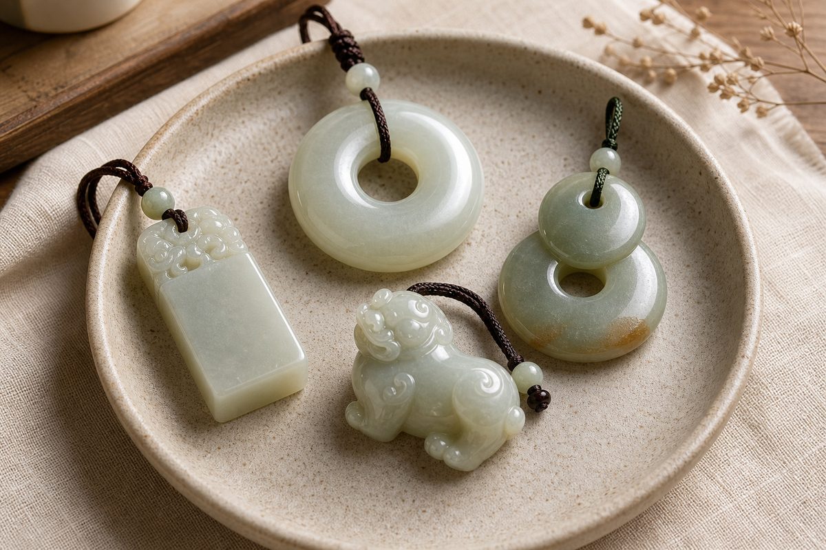Jade peace buckle, zodiac charm, double disk, and seal-like pendant arranged on a neutral tray