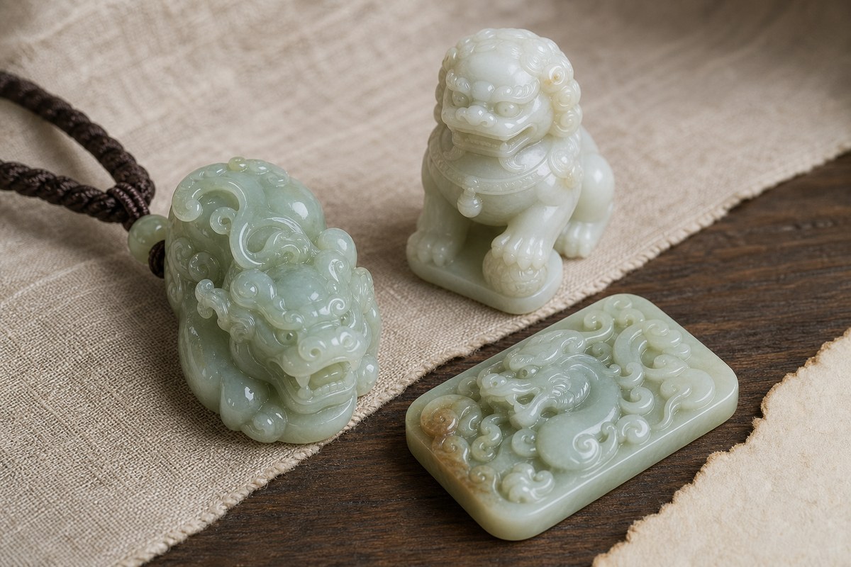 Jade Pixiu, guardian lion, and beast-inspired carving details on warm linen and wood