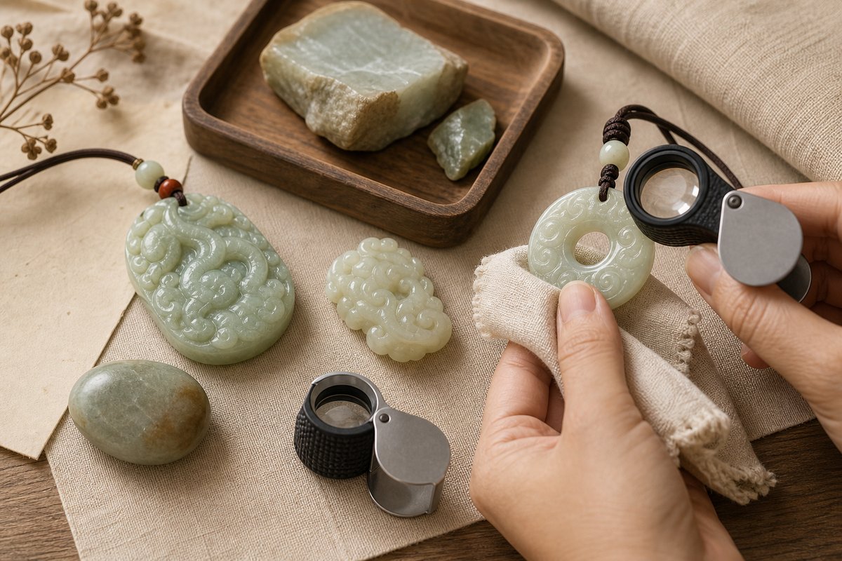 Jade pendant, carved motif, raw pebble, magnifying loupe, and cloth arranged for jade quality inspection